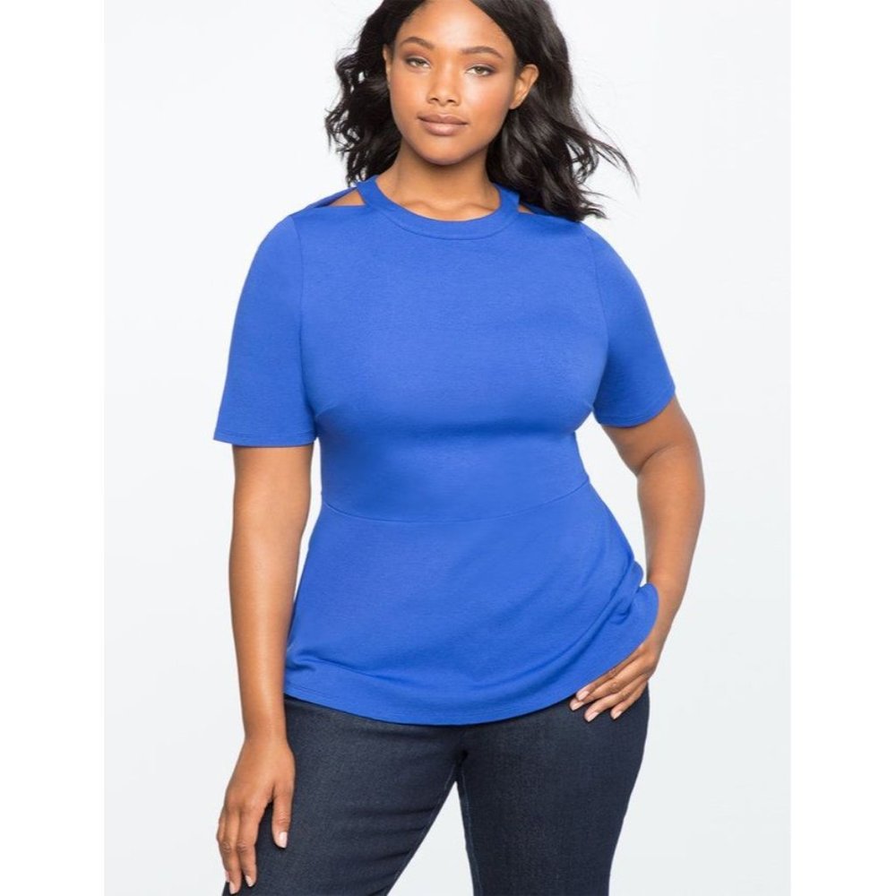 Eloquii Plus Size 24 Cutout Peplum Top Blouse Short Sleeve Blue Fit Flare Office